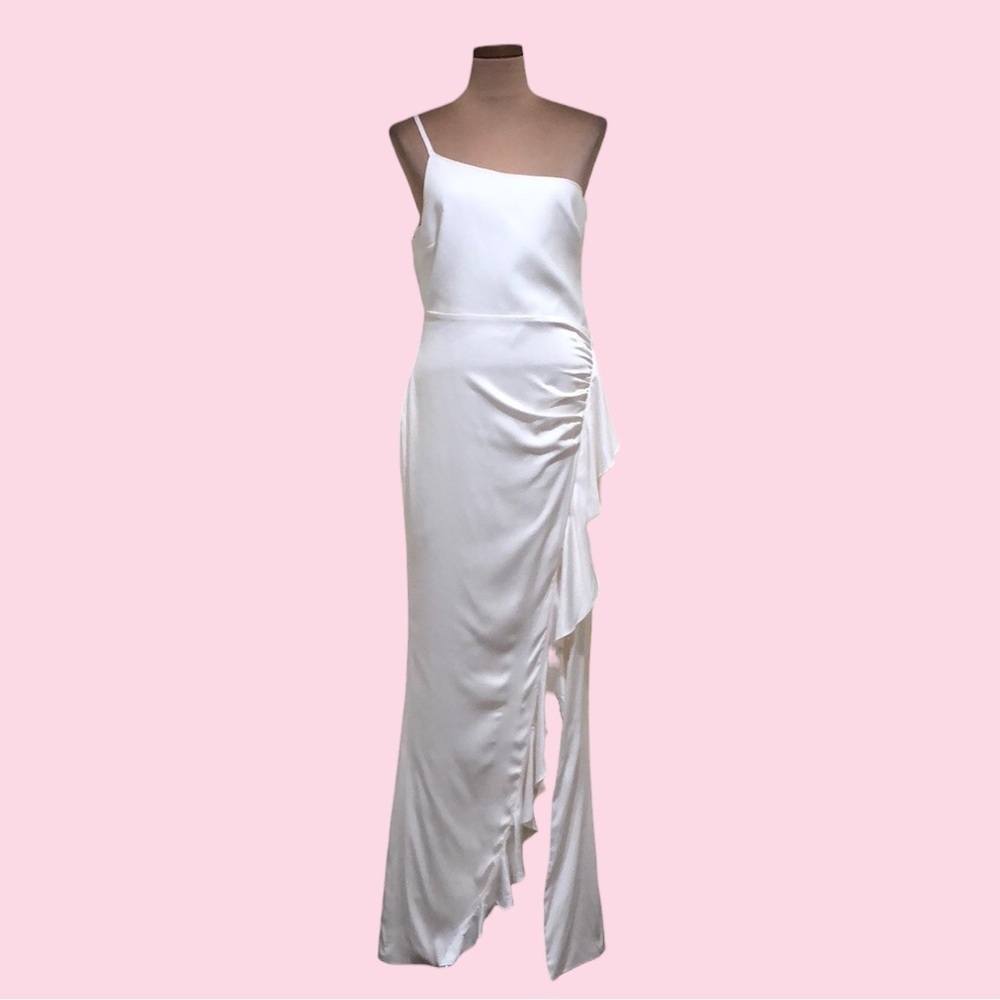 NWT Likely Gimler Maxi Dress Size 12 Ivory Ruched Ruffle One Shoulder Gown